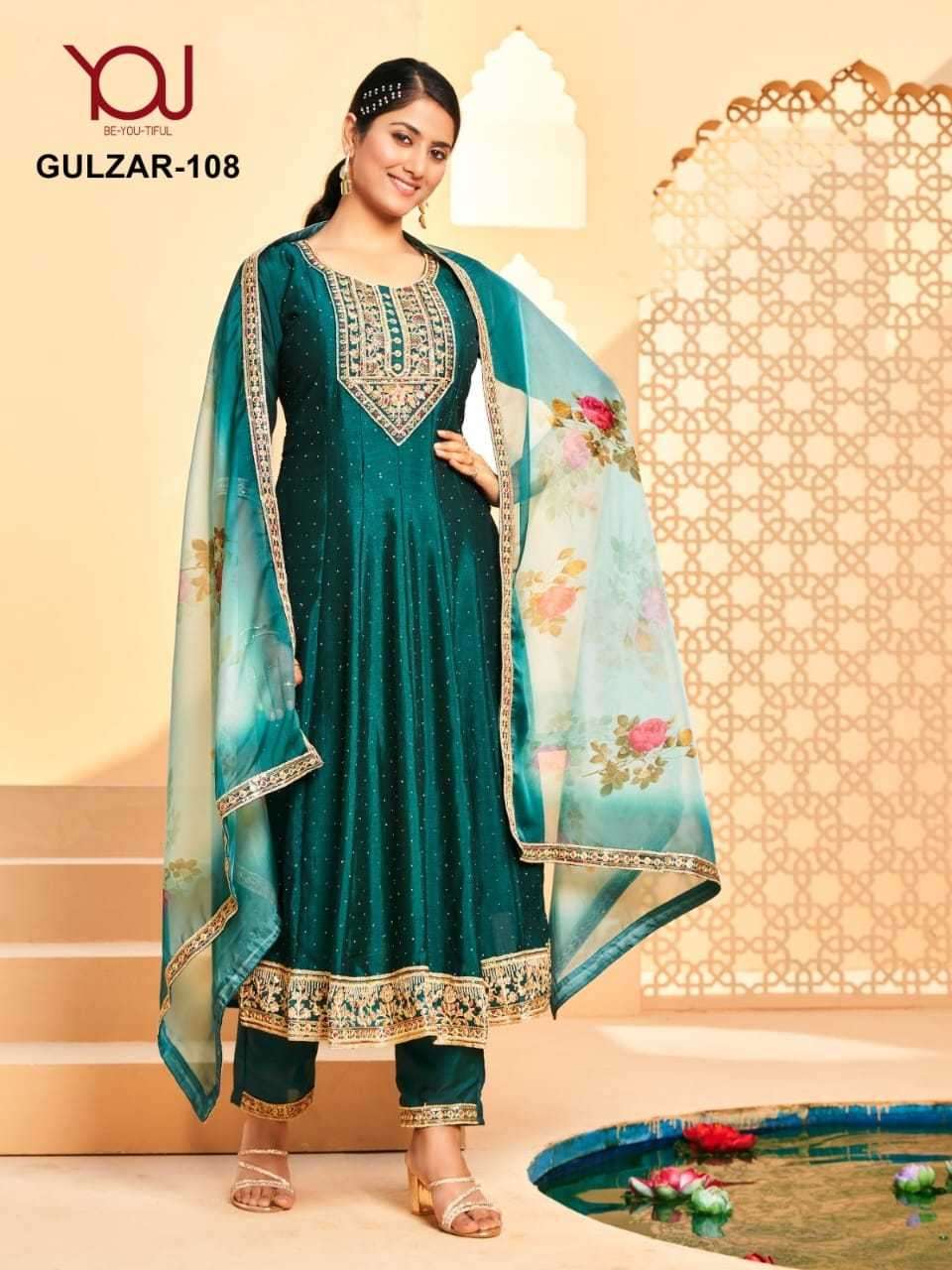 GULZAR SERIES 107 TO 110 BY YOU DESIGNER WITH WORK VICHITRA SILK KURTI WITH BOTTOM AND DUPATTA ARE AVAILABLE AT WHOLESALE PRICE