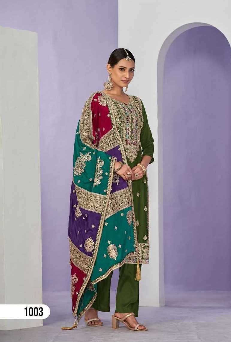 HEER SERIES 1001 TO 1003 BY ZUBEDA DESIGNER WITH WORK CHINON READYMADE SUITS ARE AVAILABLE AT WHOLESALE PRICE