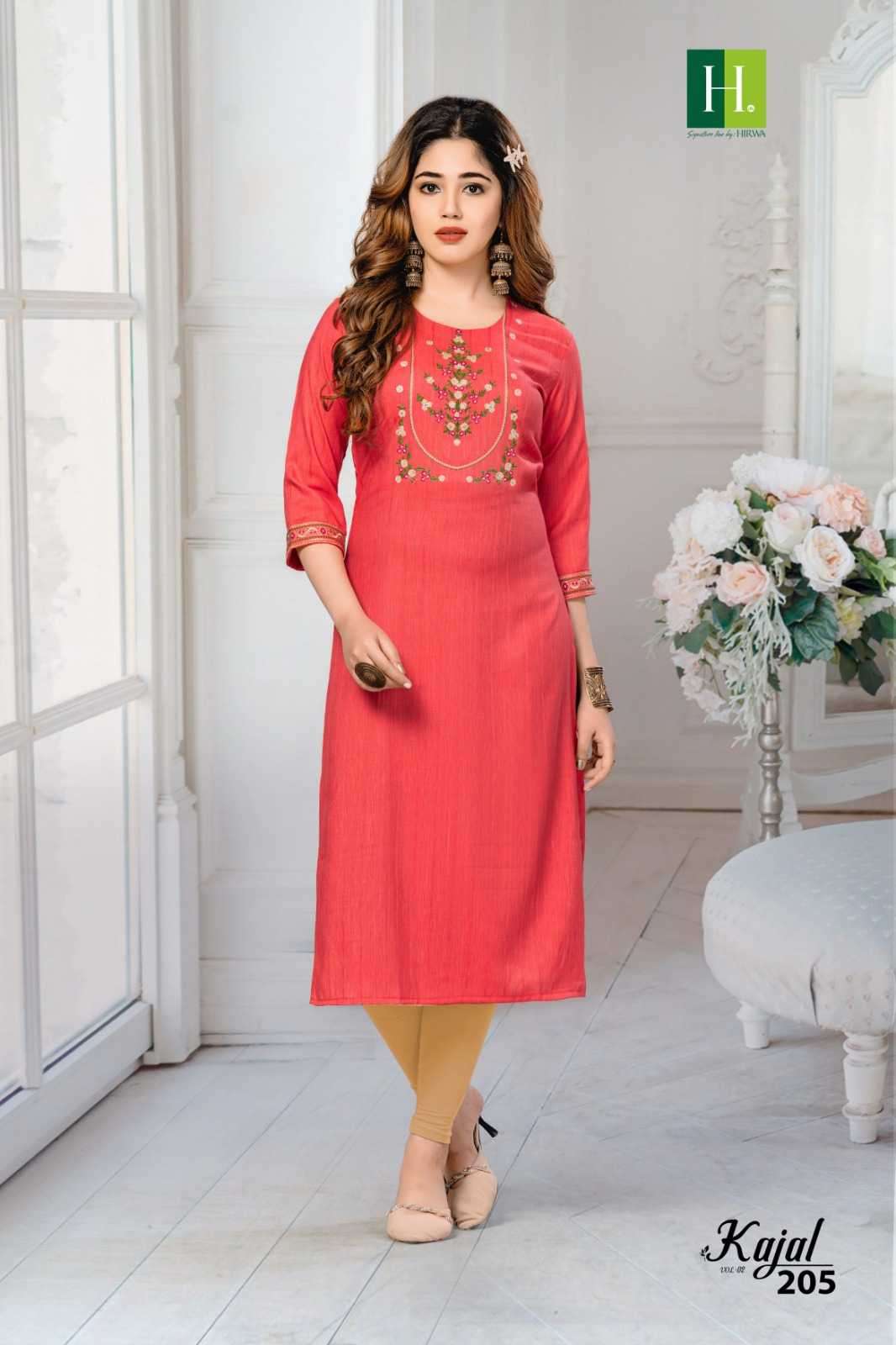 KAJAL VOL-2 SERIES 201 TO 208 KURTI BY HIRWA DESIGNER WITH WORK VISCOSE RAYON KURTIS ARE AVAILABLE AT WHOLESALE PRICE