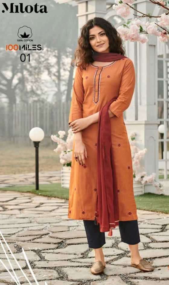 MILOTA SERIES 01 TO 06 BY 100 MILES DESIGNER WITH PRINTED AND WORK COTTON KURTI WITH BOTTOM AND DUPATTA ARE AVAILABLE AT WHOLESALE PRICE