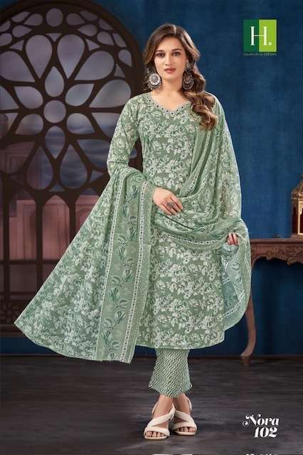 NORA SERIES 101 TO 106 BY HIRWA DESIGNER PRINTED COTTON CAMBRIC KURTI WITH BOTTOM AND DUPATTA ARE AVAILABLE AT WHOLESALE PRICE