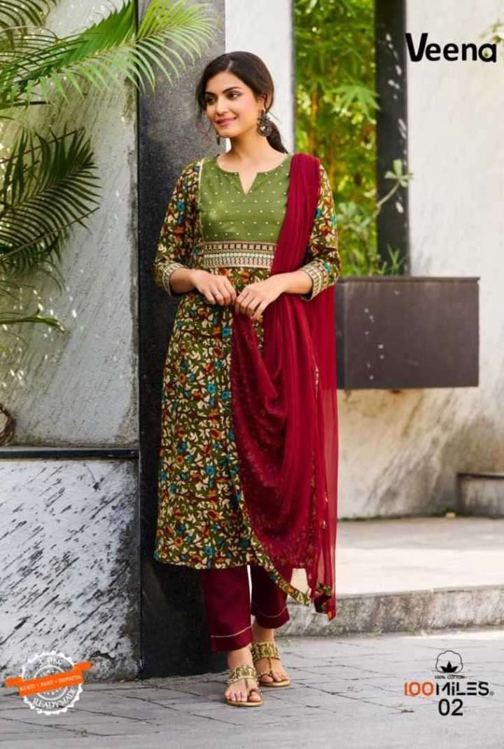 VEENA SERIES 01 TO 06 BY 100 MILES DESIGNER WITH PRINTED AND WORK COTTON KURTI WITH BOTTOM AND DUPATTA ARE AVAILABLE AT WHOLESALE PRICE
