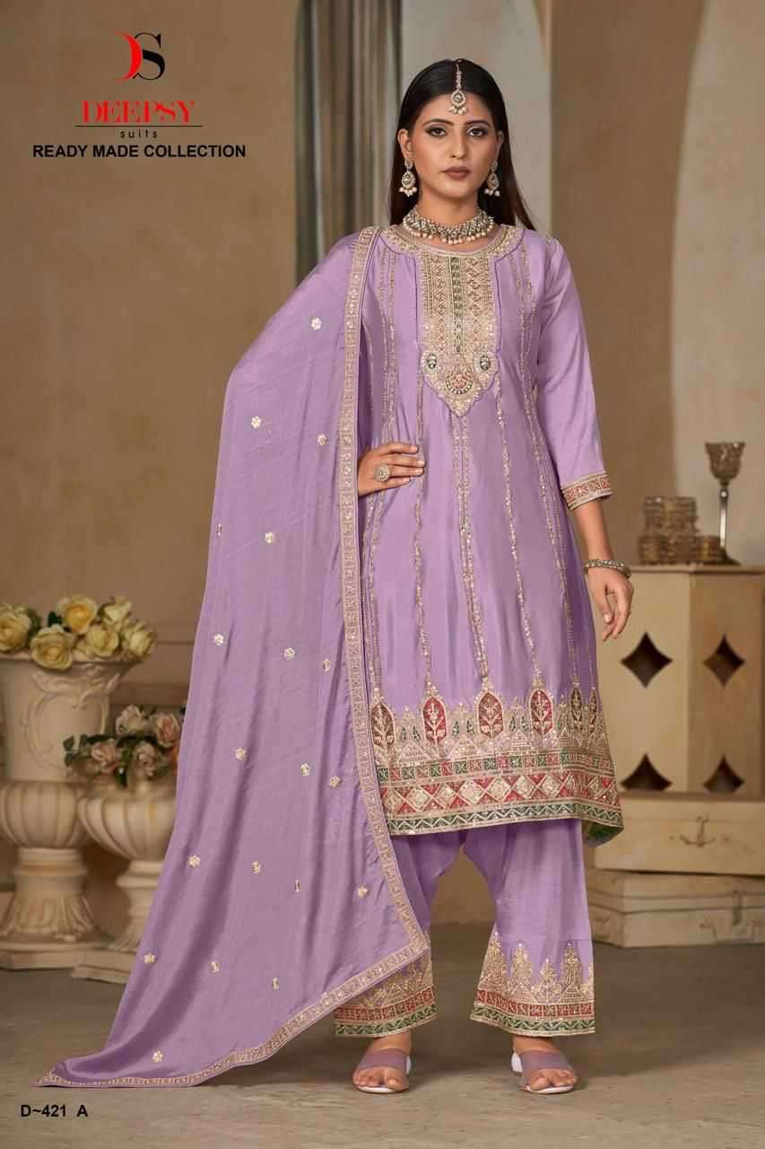 DEEPSY SERIES 421 DESIGNER WITH EMBROIDERY WORK READYMADE CHINON SUITS ARE AVAILABLE AT WHOLESALE PRICE