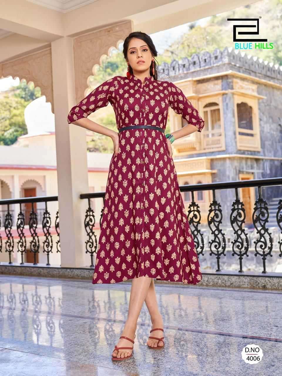 FASHION 4 EVERYONE SERIES 4001 TO 4008 KURTI BY BLUE HILLS DESIGNER PRINTED RAYON KURTIS ARE AVAILABLE AT WHOLESALE PRICE
