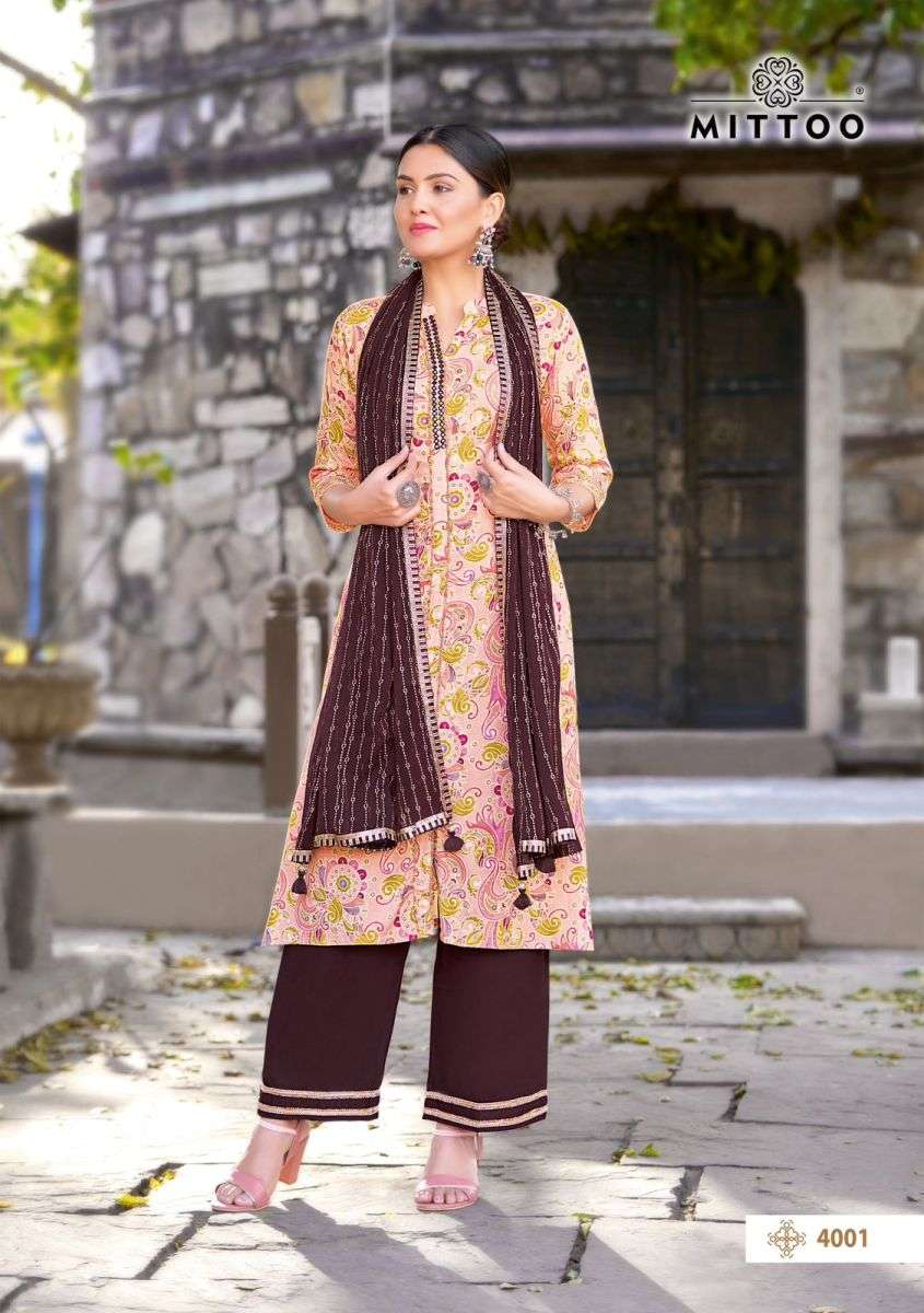 KESHA SERIES 4001 TO 4004 BY MITTO DESIGNER WITH PRINTED AND WORK RAYON KURTI WITH BOTTOM AND DUPATTA ARE AVAILABLE AT WHOLESALE PRICE