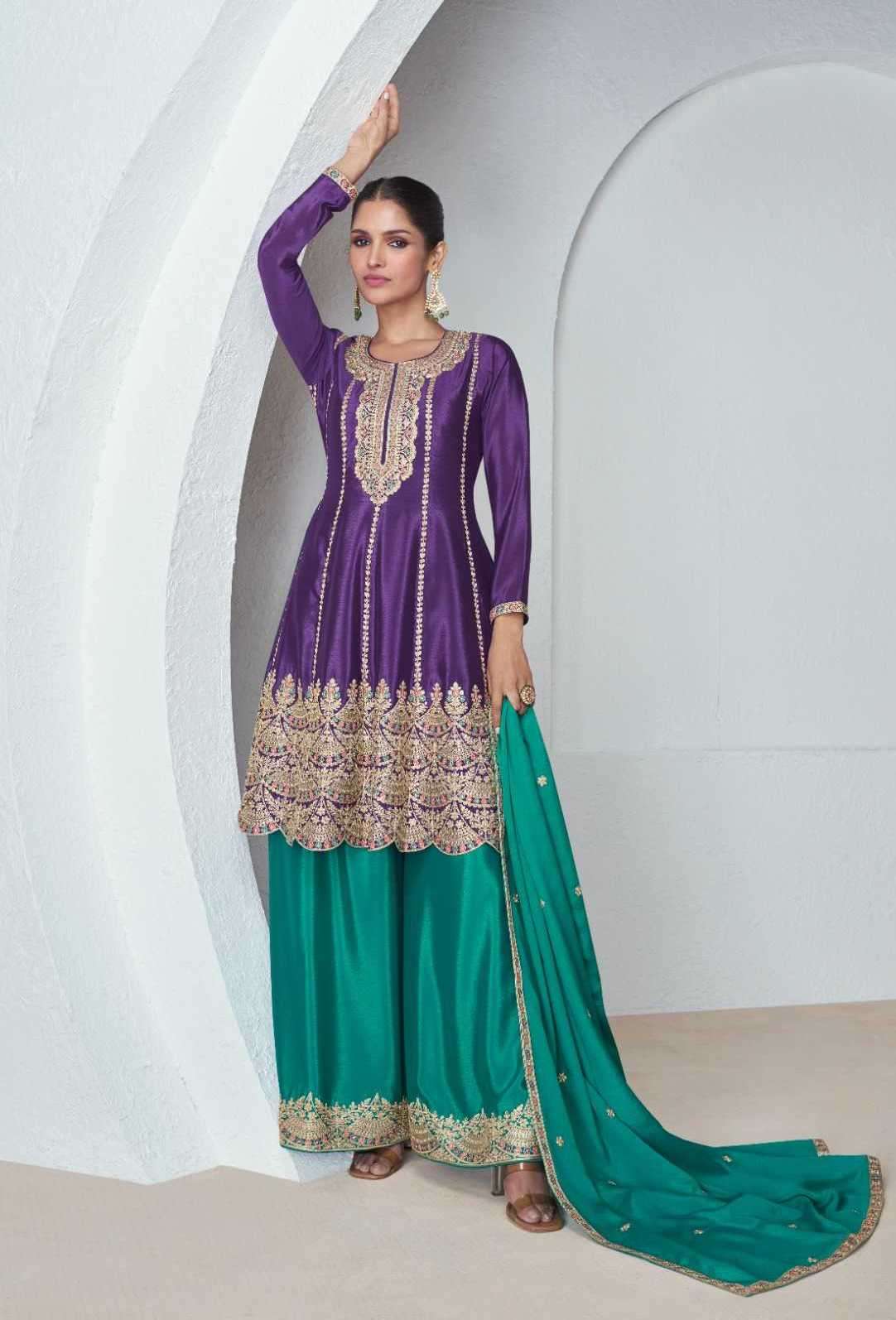 NOURA SERIES 9932 TO 9933 BY AASHIRWAD DESIGNER WITH WORK READYMADE CHINON SILK SUITS ARE AVAILABLE AT WHOLESALE PRICE