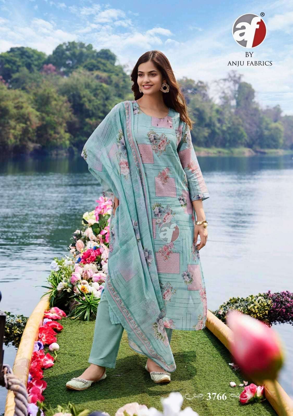 PREETY PETALS VOL-2 SERIES 3761 TO 3766 BY ANJU FABRICS DESIGNER WITH PRINTED AND WORK LINEN COTTON TOP WITH BOTTOM AND DUPATTA ARE AVAILABLE AT WHOLESALE PRICE