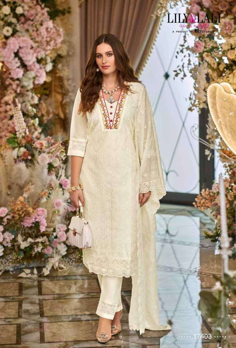 SUMMER BLOSSOM SERIES 17401 TO 17406 BY LILY & LALI DESIGNER WITH WORKORGANZA TOP WITH PANT AND DUPATTA ARE AVAILABLE AT WHOLESALE PRICE