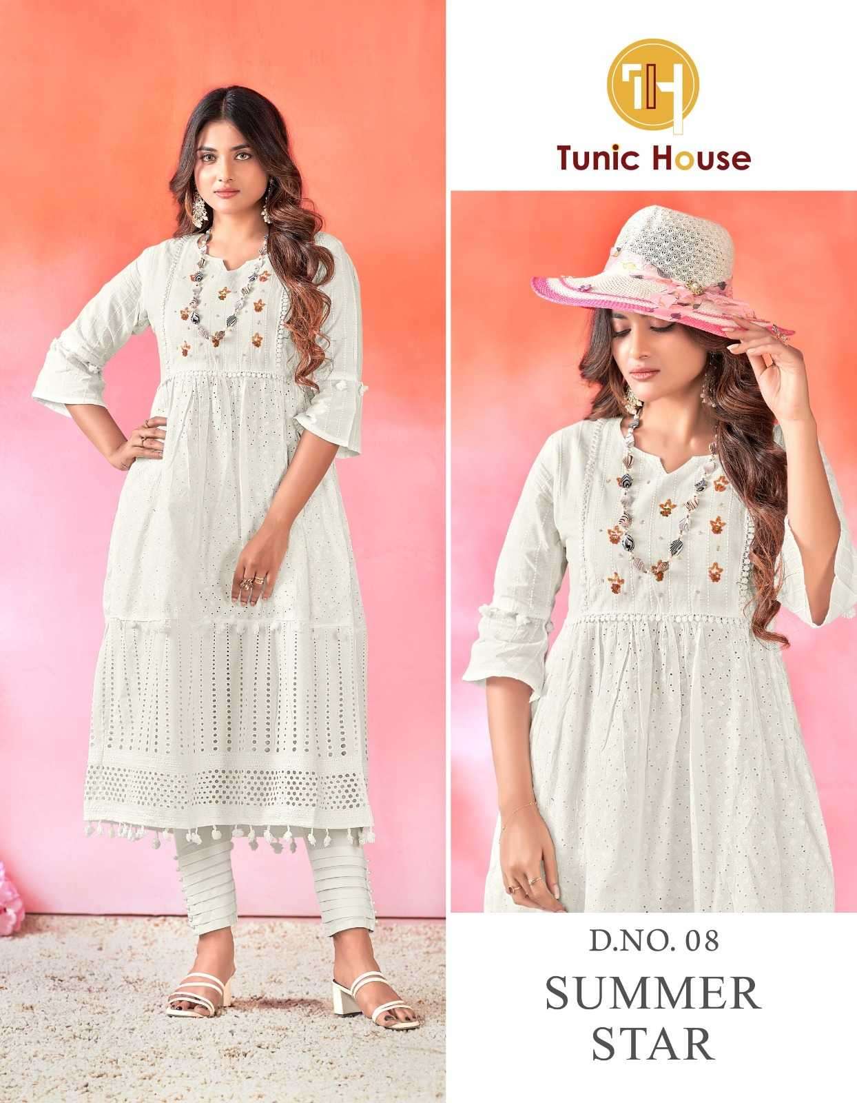 SUMMER STAR SERIES 01 TO 08 KURTI BY TUNIC HOUSE DESIGNER WITH WORK COTTON KURTIS ARE AVAILABLE AT WHOLESALE PRICE