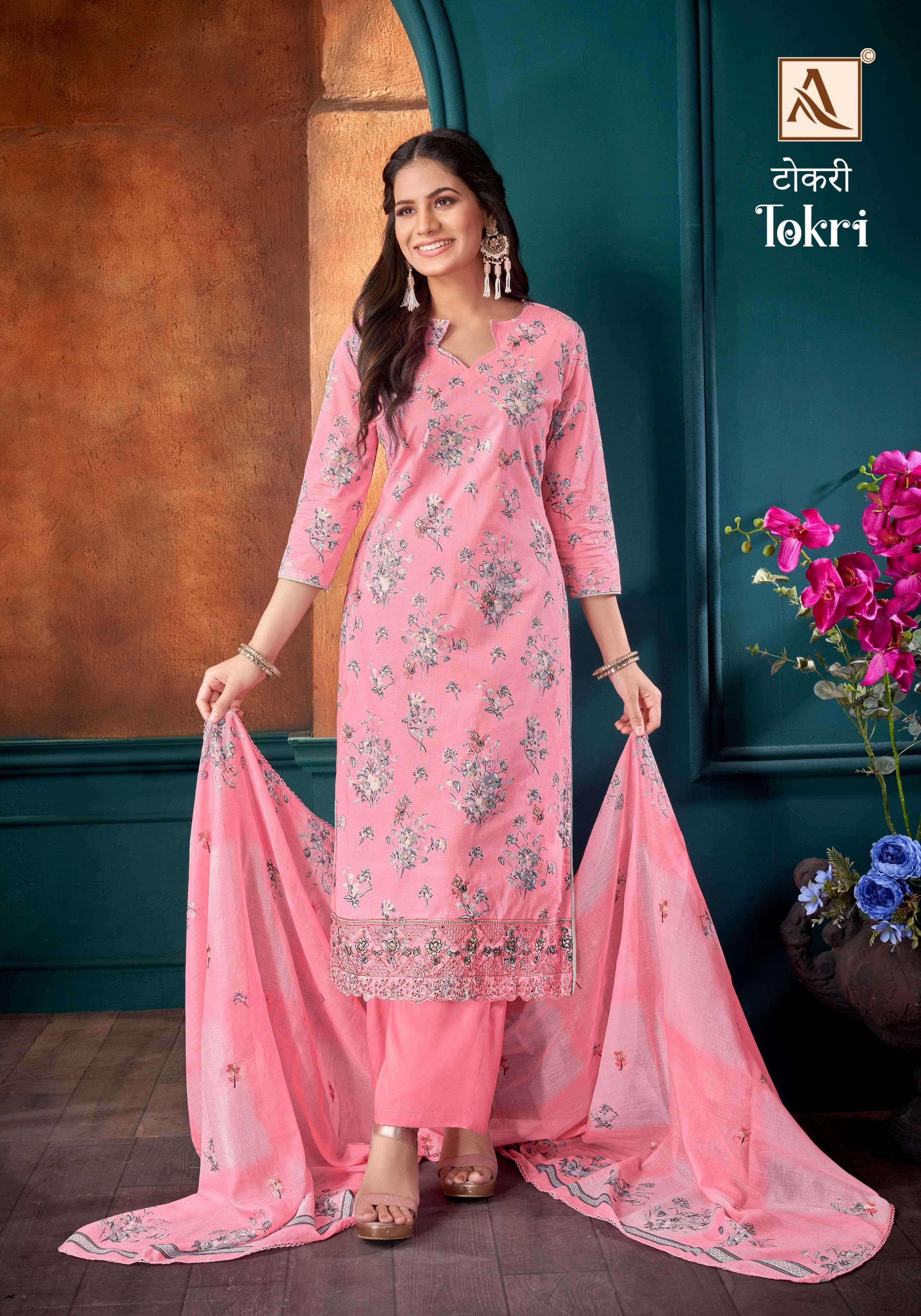 TOKRI SERIES 1525 BY ALOK SUITS DESIGNER FLORAL PRINTED AND WORK CAMBRIC COTTON SUITS ARE AVAILABLE AT WHOLESALE PRICE