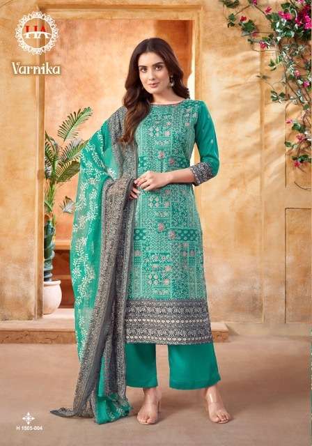 VARNIKA SERIES 1505 BY HARSHIT FASHION DESIGNER WITH PRINTED AND WORK COTTON SUITS ARE AVAILABLE AT WHOLESALE PRICE