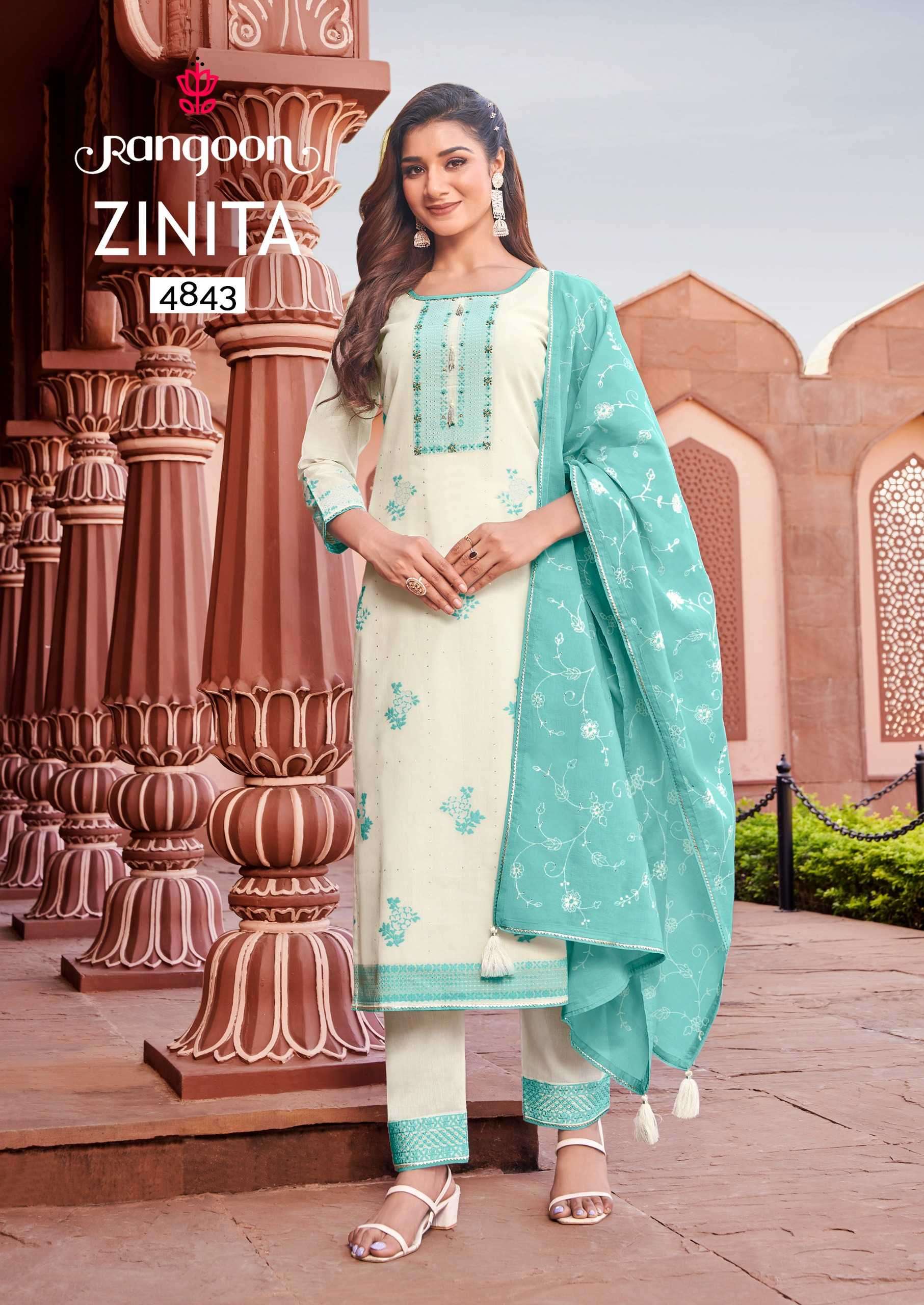 ZINITA SERIES 4841 TO 4844 BY RANGOON DESIGNER WITH WORK COTTON KURTI WITH PANT AND DUPATTA ARE AVAILABLE AT WHOLESALE PRICE