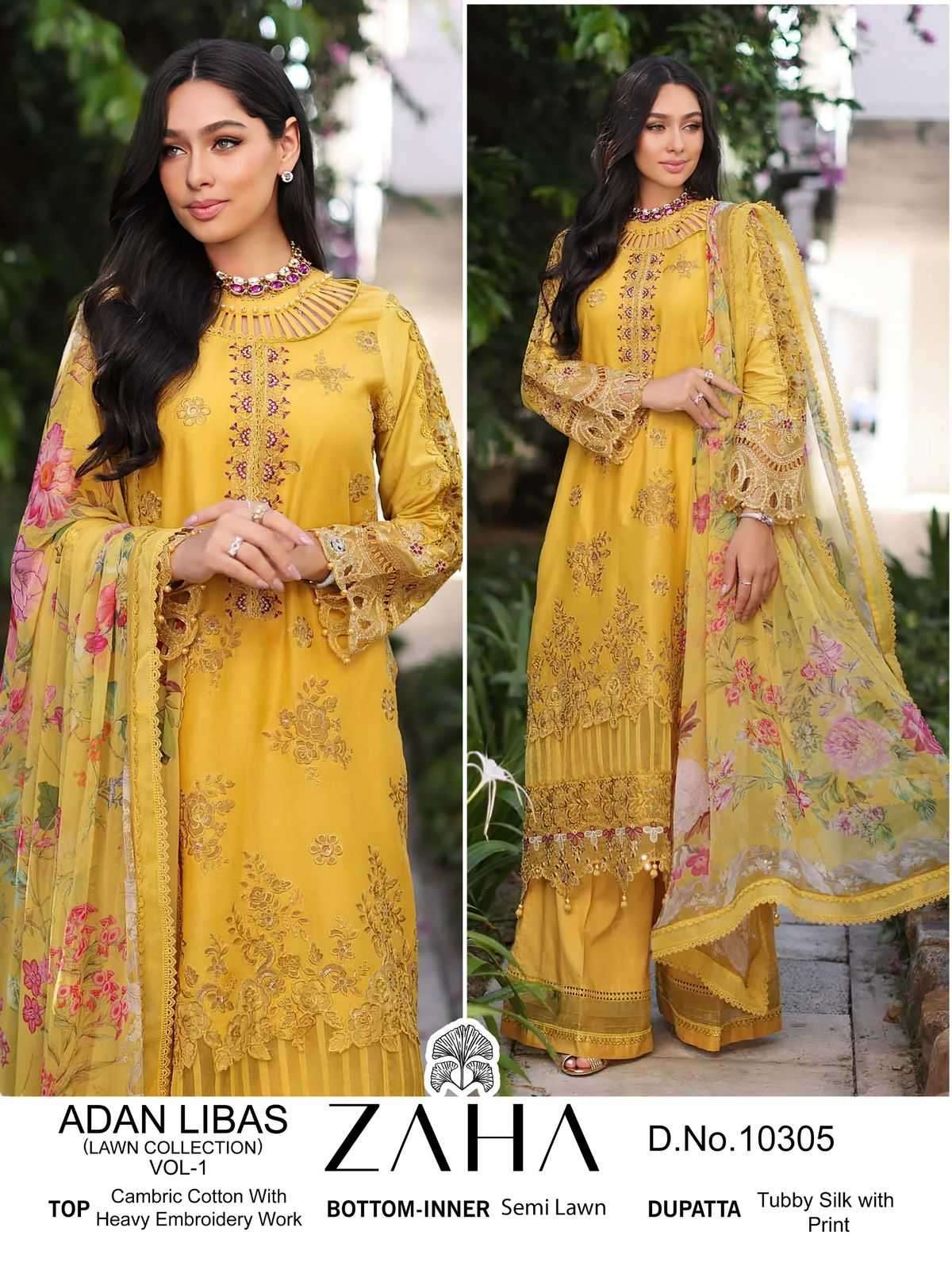ADAN LIBAS LAWN COLLECTION VOL-1 SERIES 10305 TO 10307 BY ZAHA DESIGNER WITH WORK CAMBRIC COTTON PAKISTANI STYLE SUITS ARE AVAILABLE AT WHOLESALE PRICE