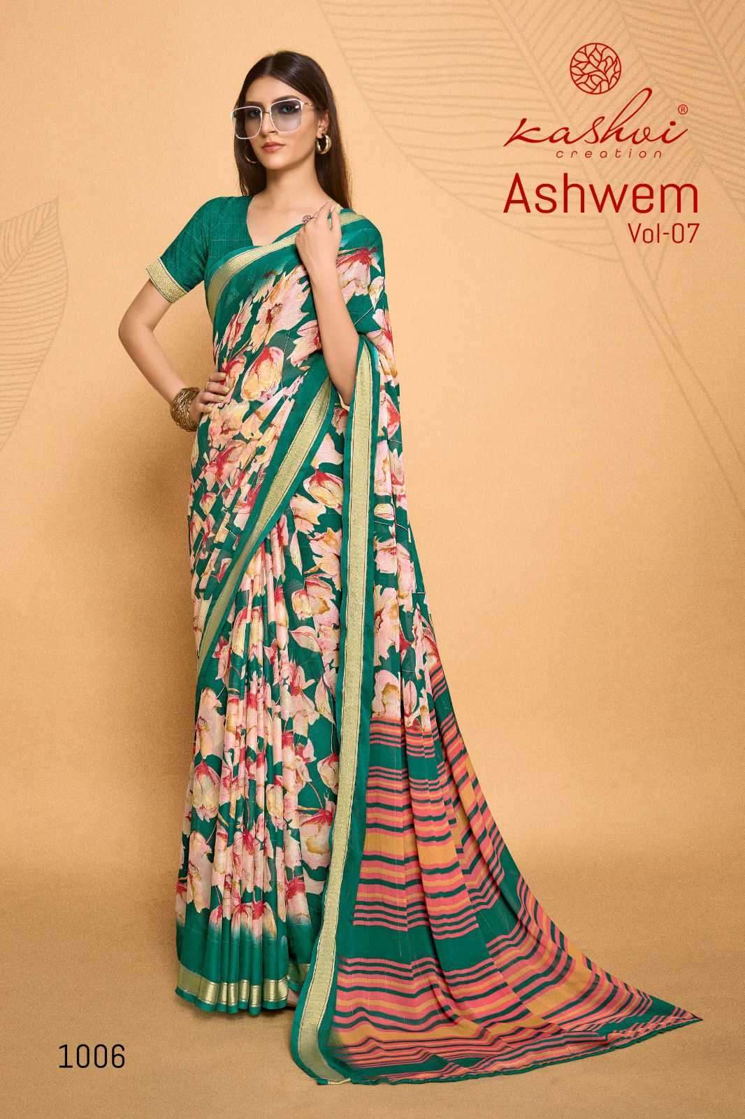 AHWEM VOL-7 SERIES 1001 TO 1008 SAREE BY KASHVI DESIGNER PRINTED MOSS SAREES ARE AVAILABLE AT WHOLESALE PRICE