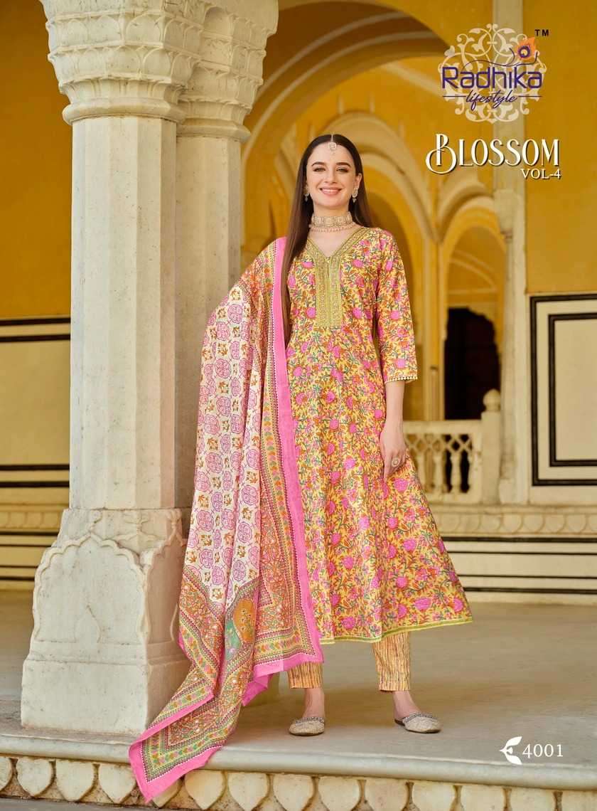 BLOSSOM VOL-4 SERIES 4001 TO 4006 BY RADHIKA DESIGNER PRINTED COTTON KURTI WITH BOTTOM AND DUPATTA ARE AVAILABLE AT WHOLESALE PRICE