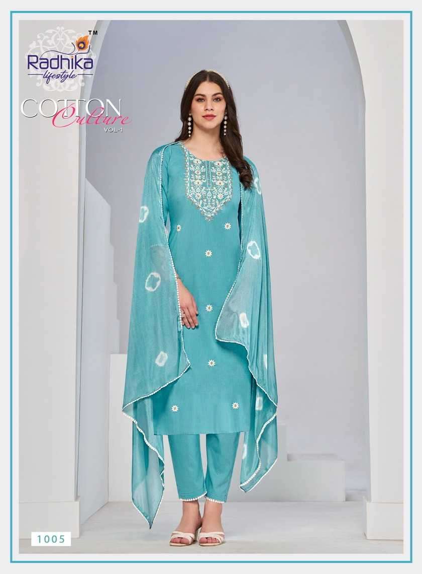 COTTON CULTURE VOL-1 SERIES 1001 TO 1006 BY RADHIKA DESIGNER WITH WORK COTTON KURTI WITH BOTTOM AND DUPATTA ARE AVAILABLE AT WHOLESALE PRICE