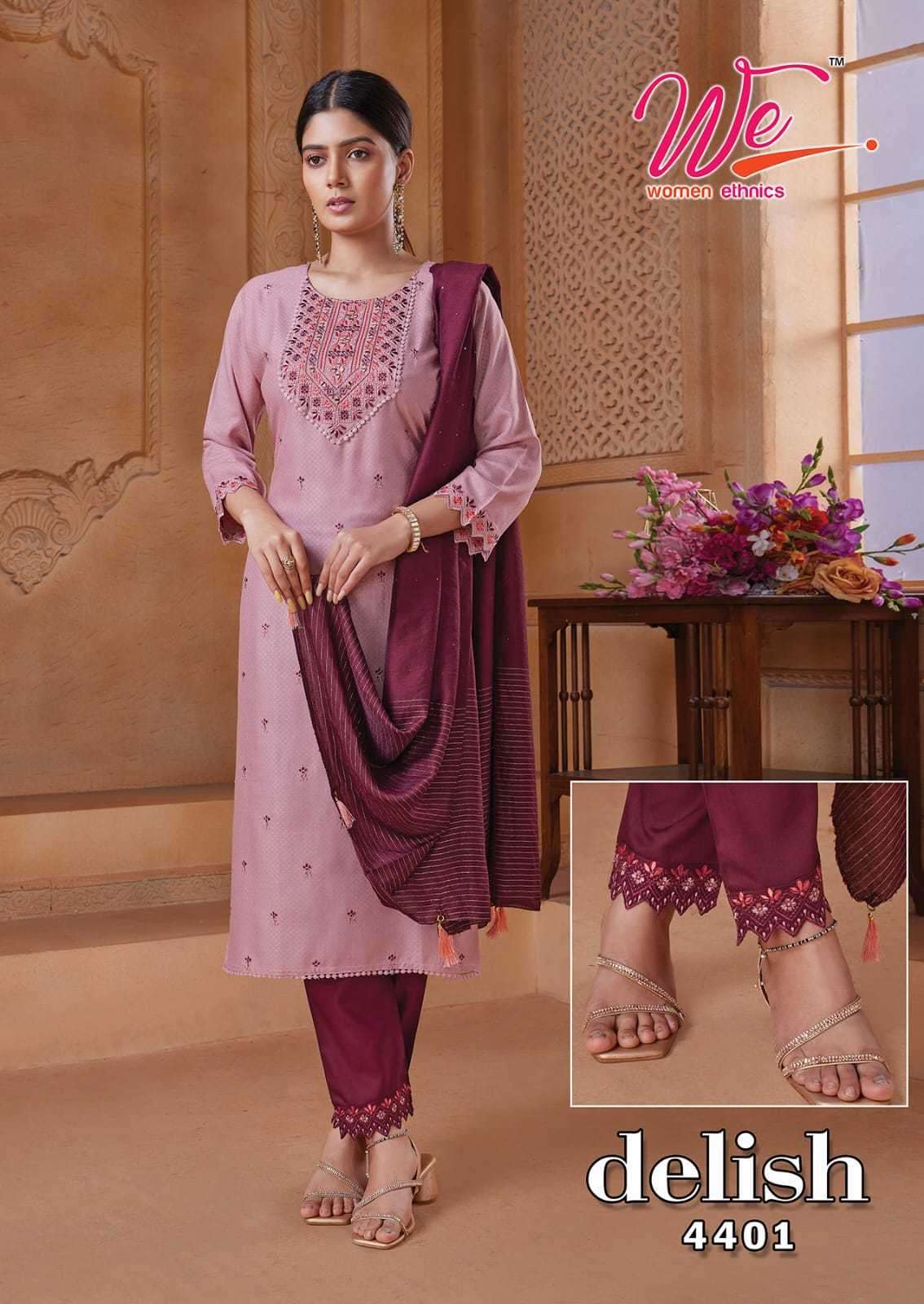 DELISH SERIES 4401 TO 4408 BY WE DESIGNER WITH WORK FANCY KURTI WITH BOTTOM AND DUPATTA ARE AVAILABLE AT WHOLESALE PRICE