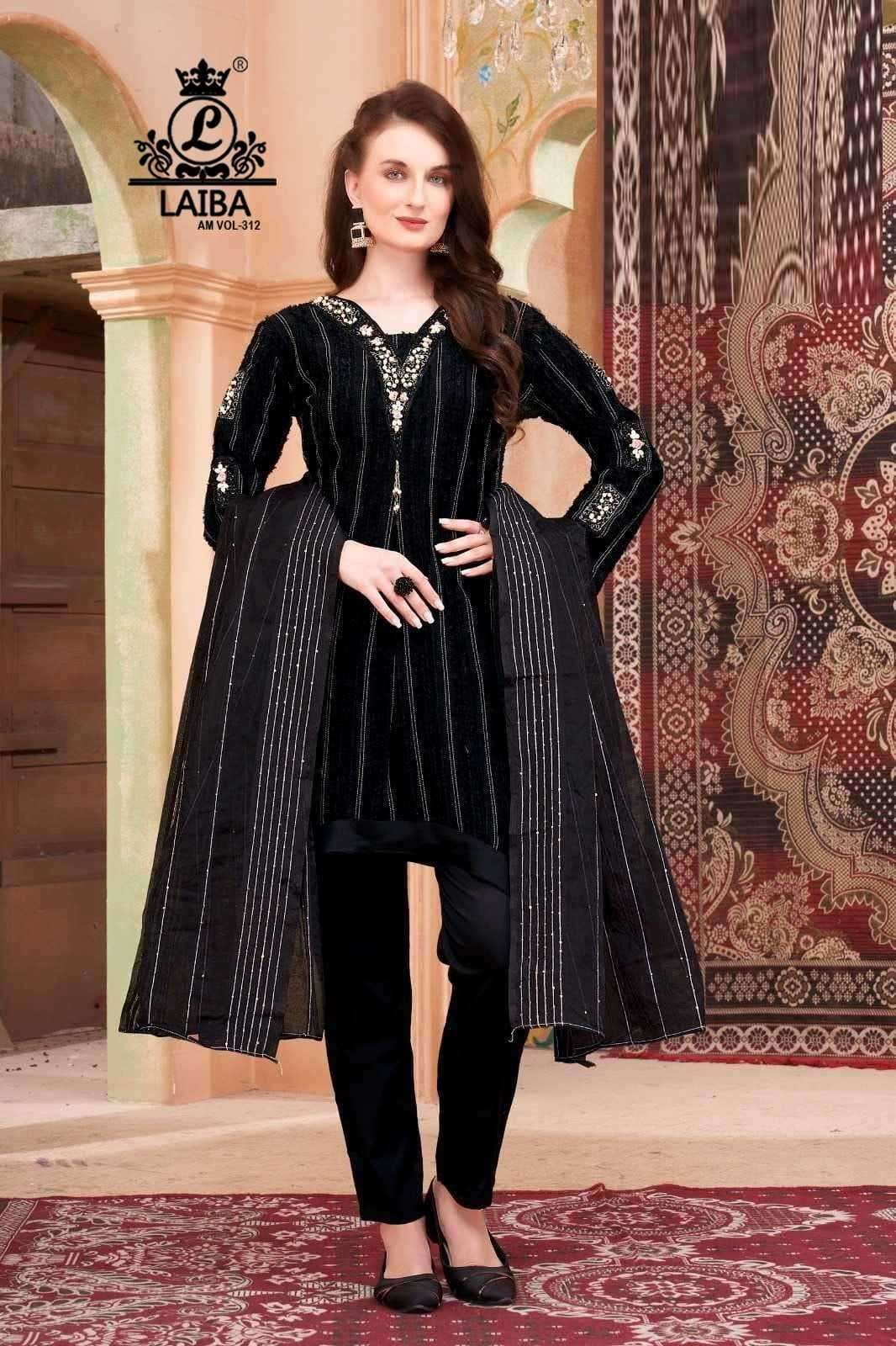 LAIBA AM VOL-312 DESIGNER WITH WORK PAKISTANI STYLE FANCY TOP WITH PANT AND DUPATTA ARE AVAILABLE AT WHOLESALE PRICE