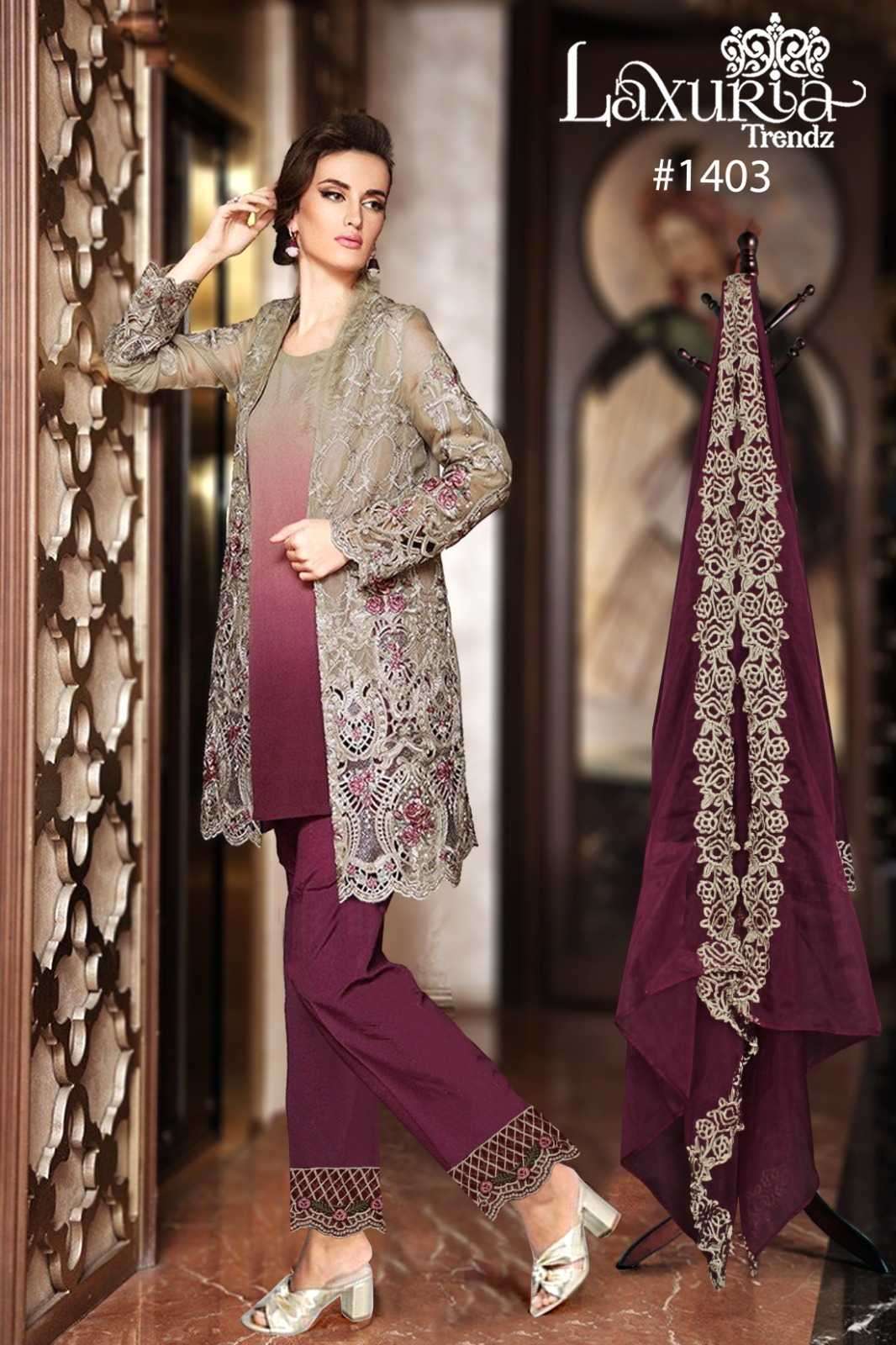 LAXURIA TRENDZ 1403 DESIGNER WITH WORK GEORGETTE PAKISTANI STYLE TOP WITH PANT ARE AVAILABLE AT WHOLESALE PRICE