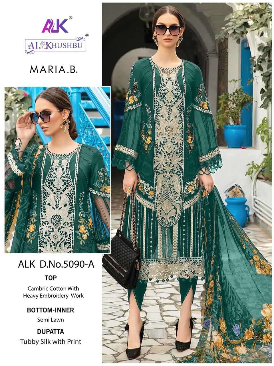 MARIA B SERIES 5080  BY AL KHUSHBU DESIGNER EMBROIDERY WORK CAMBRIC COTTON PAKISTANI STYLE SUITS ARE AVAILABLE AT WHOLESALE PRICE