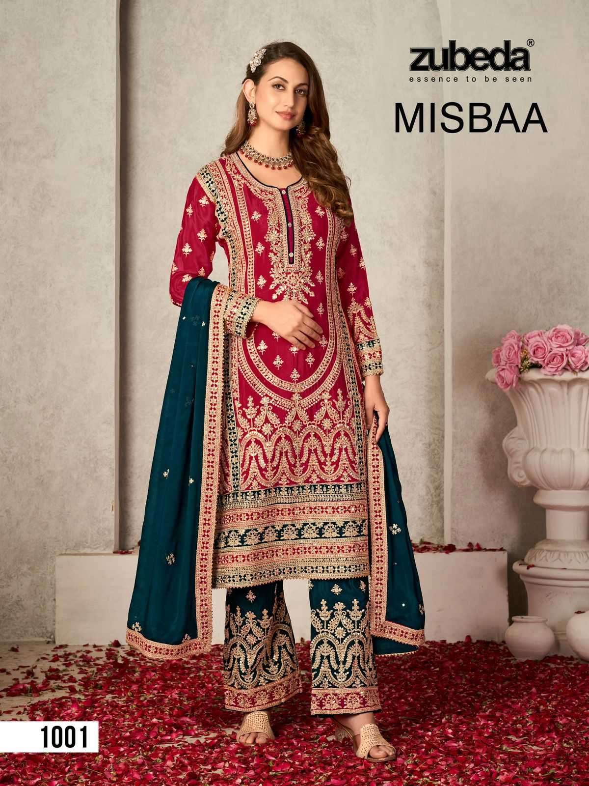 MISBAA SERIES 1001 TO 1002 BY ZUBEDA DESIGNER WITH HEAVY WORK CHINON SILK READYMADE SUITS ARE AVAILABLE AT WHOLESALE PRICE