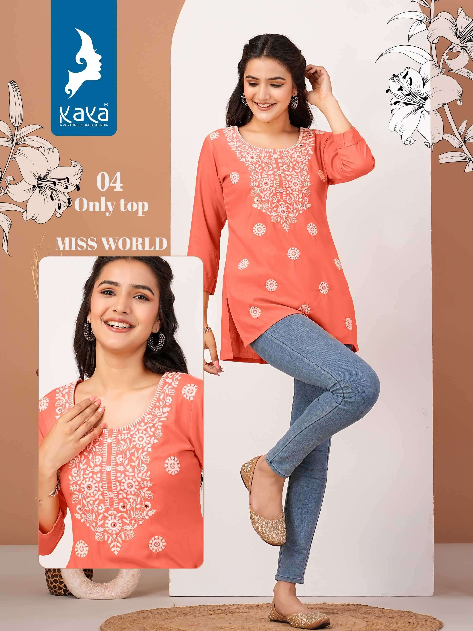 MISS WORLD SERIES 01 TO 06 KURTI BY KAYA DESIGNER WITH WORK RAYON SHORT KURTIS ARE AVAILABLE AT WHOLESALE PRICE