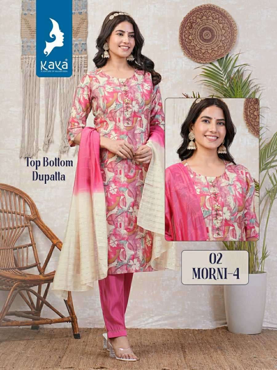 MORNI VOL-4 SERIES 01 TO 08 BY KAYA DESIGNER WITH PRINTED AND WORK CHANDERI KURTI WITH BOTTOM AND DUPATTA ARE AVAILABLE AT WHOLESALE PRICE