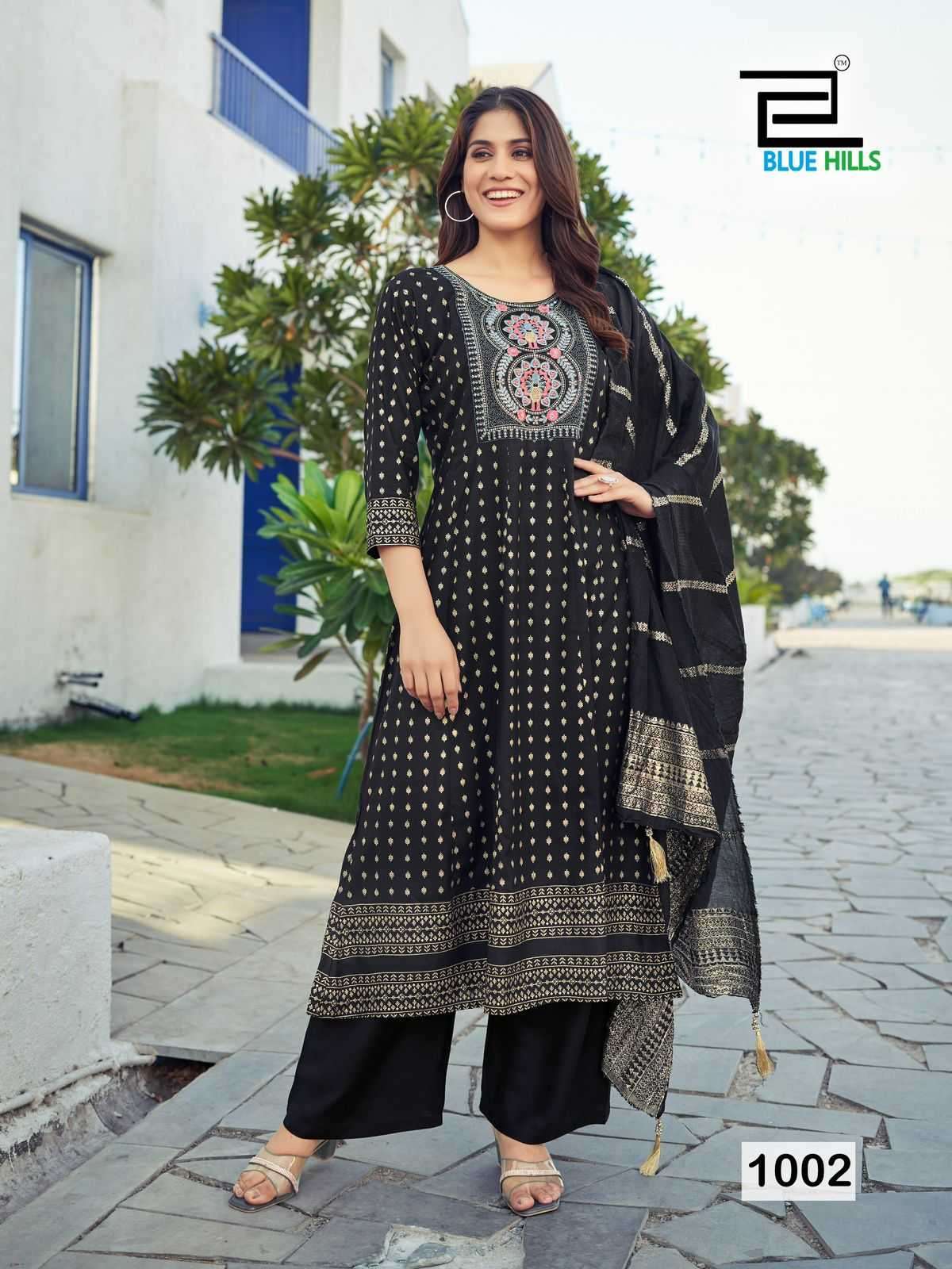 MUSKAN SERIES 1001 TO 1008 BY BLUE HILLS DESIGNER FOIL PRINTED RAYON KURTI WITH BOTTOM AND DUPATTA ARE AVAILABLE AT WHOLESALE PRICE