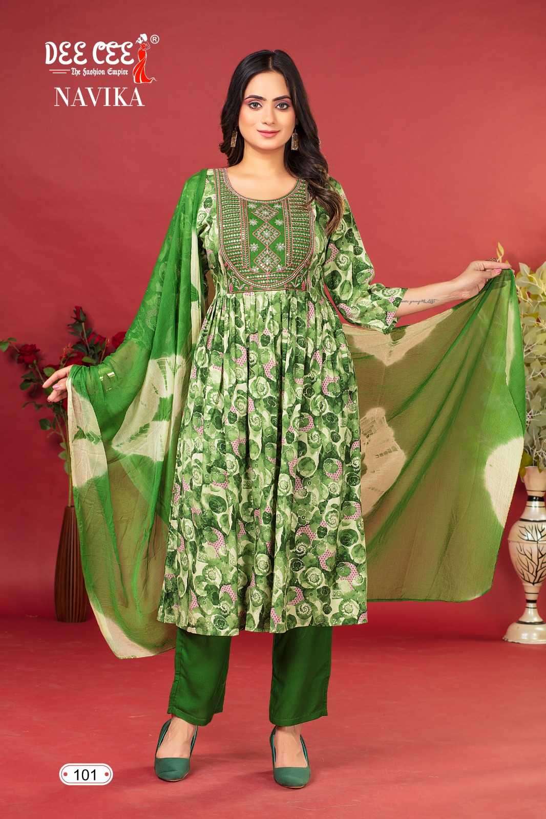 NAVIKA SERIES 101 TO 106 BY DEE CEE DESIGNER WITH PRINTED AND WORK RAYON KURTI WITH BOTTOM AND DUPATTA ARE AVAILABLE AT WHOLESALE PRICE
