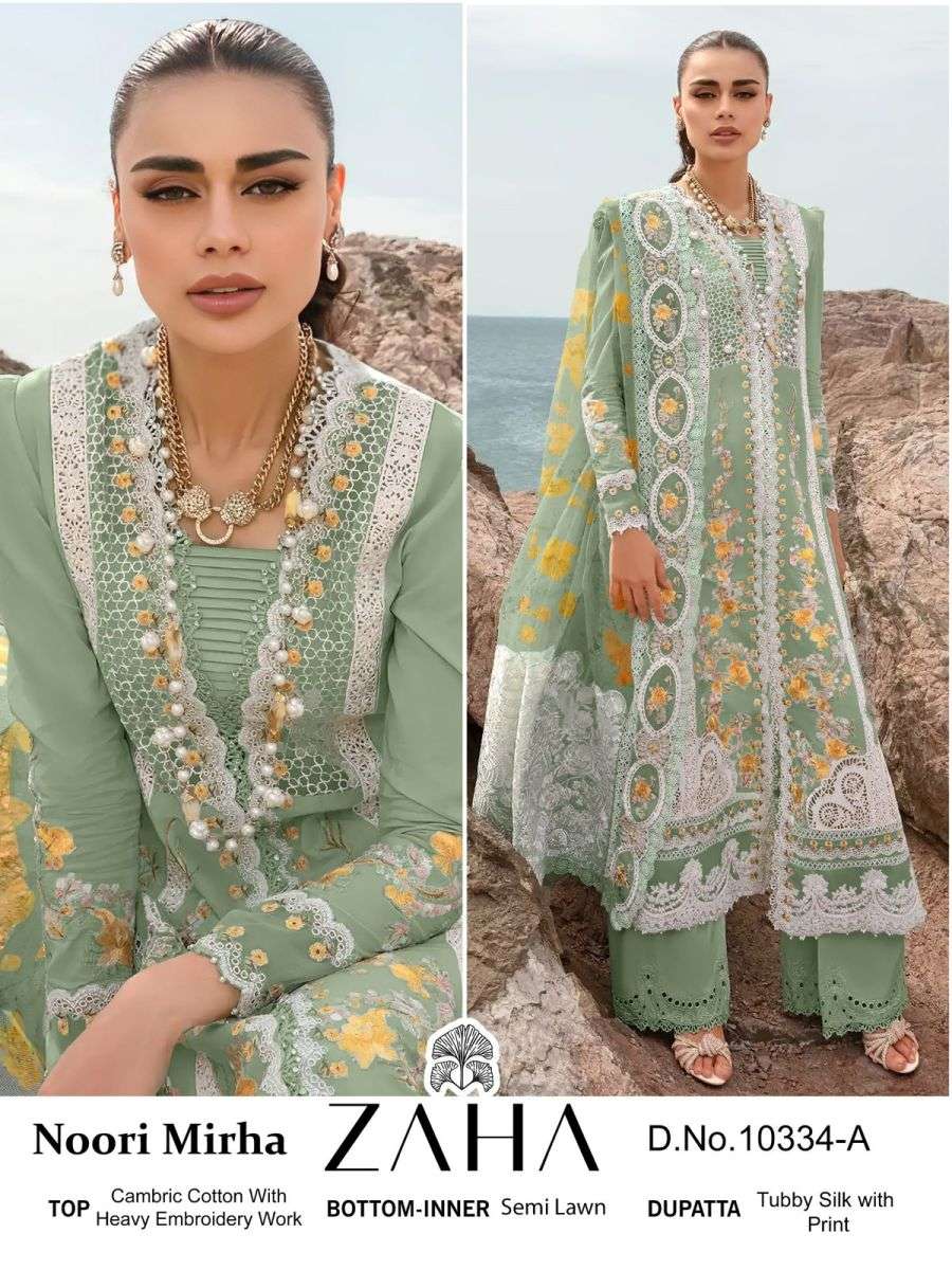 NOORI MIRHA SERIES 10334 BY ZAHA DESIGNER WITH WORK CAMBRIC COTTON PAKISTANI STYLE SUITS ARE AVAILABLE AT WHOLESALE PRICE