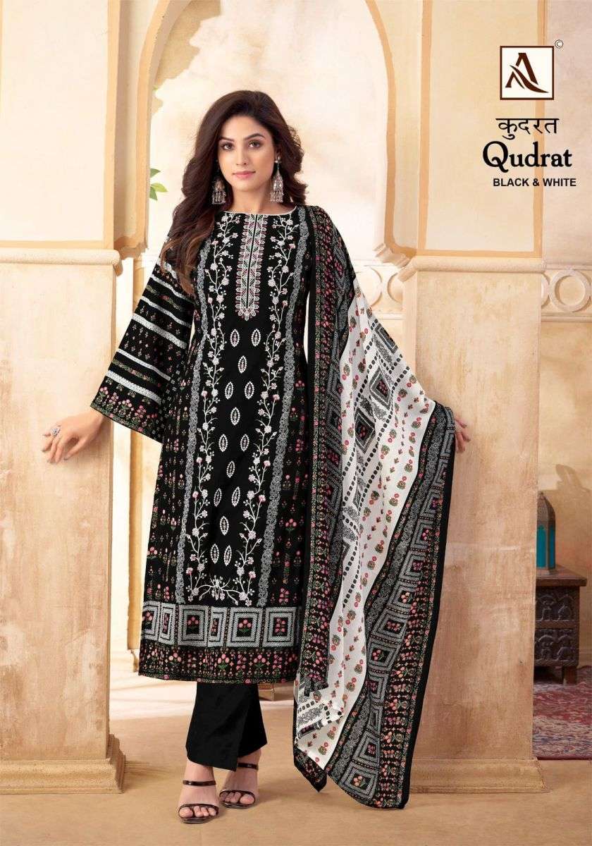 QUDRAT BLACK & WHITE SERIES 1557 BY ALOK SUITS DESIGNER WITH PRINTED AND WORK COTTON CAMBRIC SUITS ARE AVAILABLE AT WHOLESALE PRICE