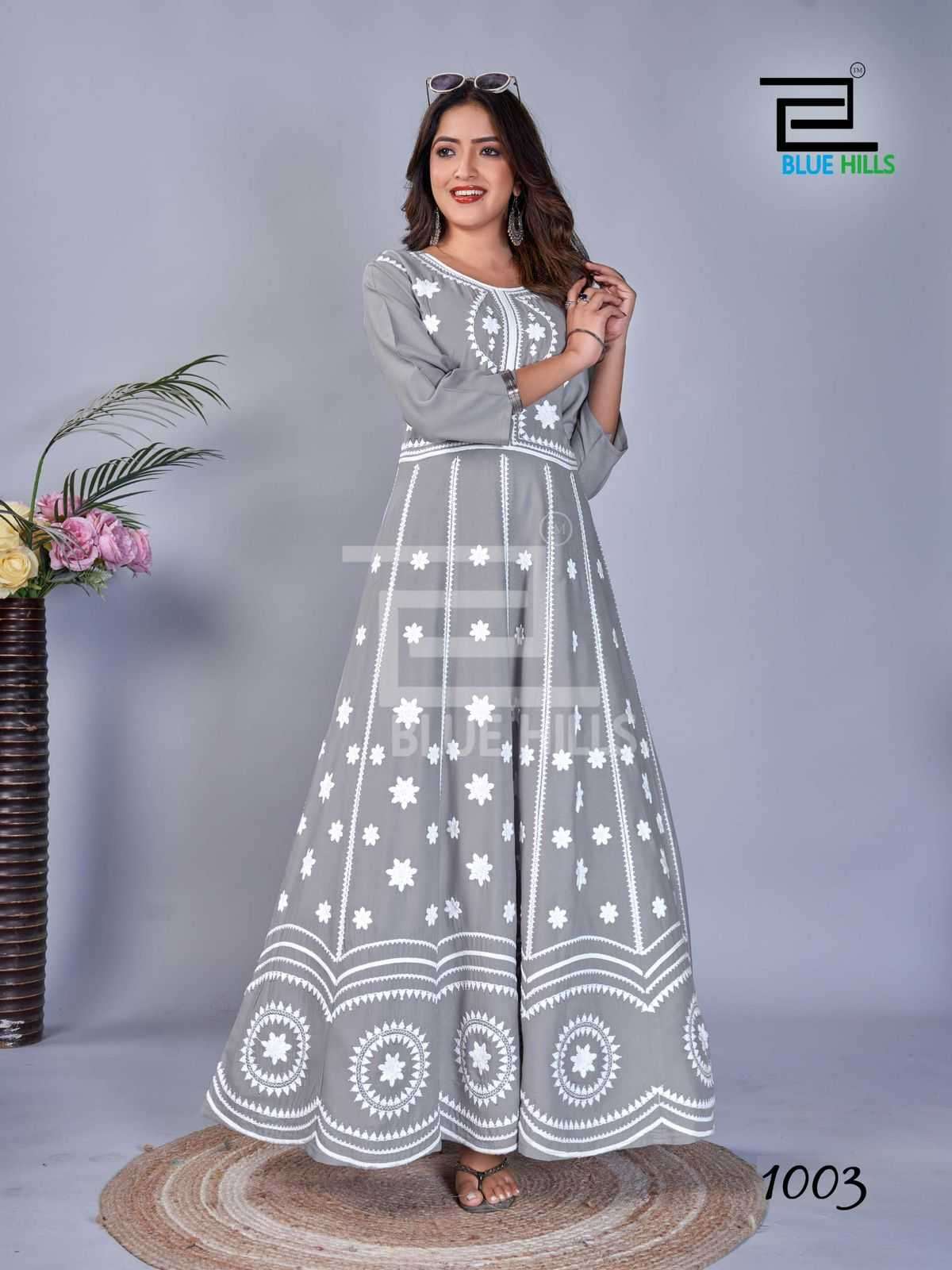RASHMIKA SERIES 1001 TO 1006 GOWN BY B LUE HILLS DESIGNER WITH WORK RAYON GOWNS ARE AVAILABLE AT WHOLESALE PRICE