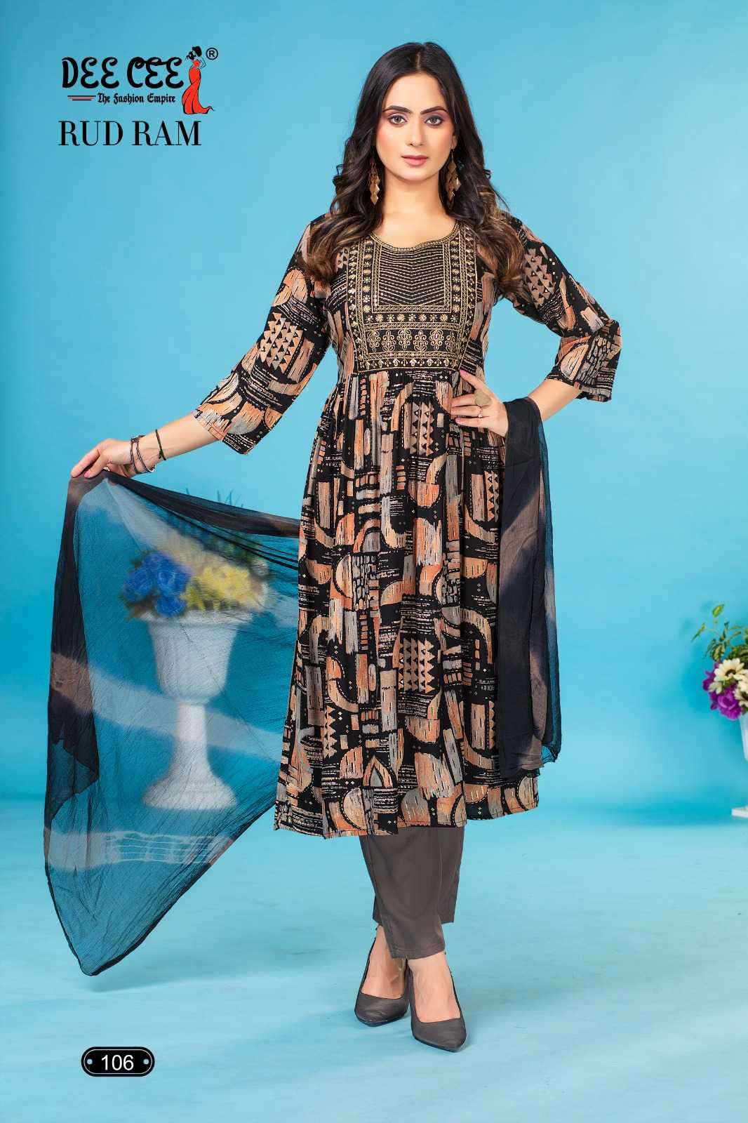 RUDRAM SERIES 101 TO 106 BY DEE CEE DESIGNER FOIL PRINTED RAYON KURTI WITH BOTTOM AND DUPATTA ARE AVAILABLE AT WHOLESALE PRICE