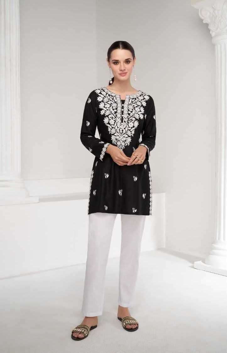 RUHANA SERIES 2401 TO 2406 KURTI BY VAMIKA DESIGNER WITH WORK HEAVY RAYON SHORT KURTIS ARE AVAILABLE AT WHOLESALE PRICE