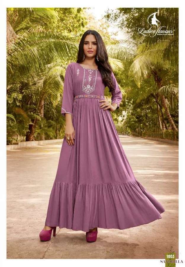 SHANGRILLA SERIES 1001 TO 1004 GOWN BY LADIES FLAVOUR DESIGNER WITH WORK RAYON WRINKLE GOWNS ARE AVAILABLE AT WHOLESALE PRICE