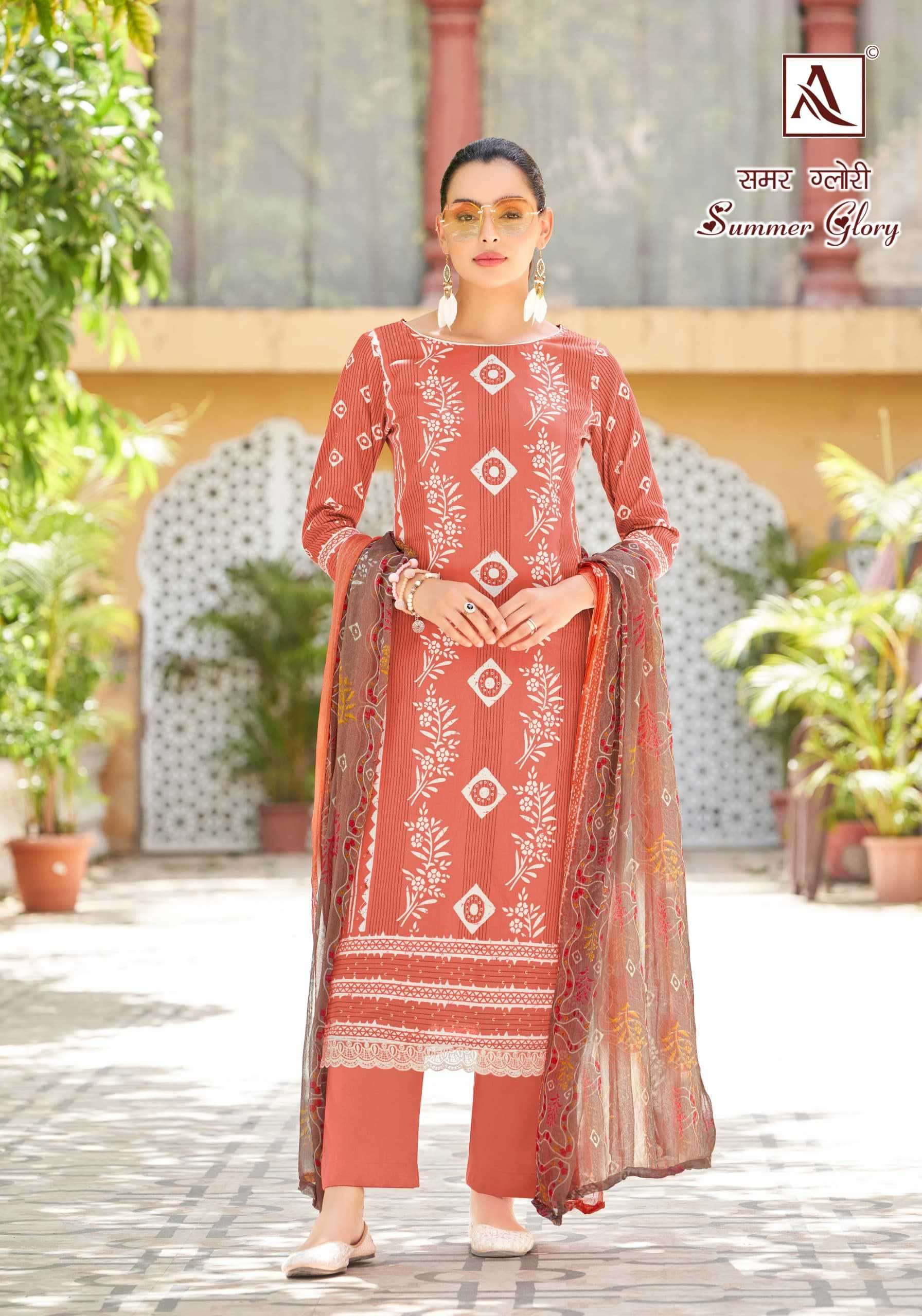 SUMMER GLORY SERIES 1540 BY ALOK SUITS DESIGNER PRINTED AND WORK ZAM COTTON SUITS ARE AVAILABLE AT WHOLESALE PRICE