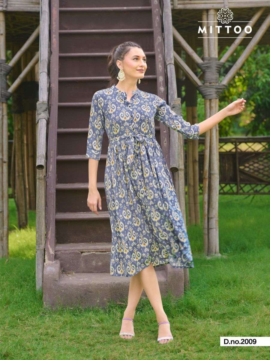 TRENDY VOL-2 SERIES 1001 TO 1006 KURTI BY MITTO DESIGNER WITH PRINTED AND WORK RAYON KURTIS ARE AVAILABLE AT WHOLESALE PRICE