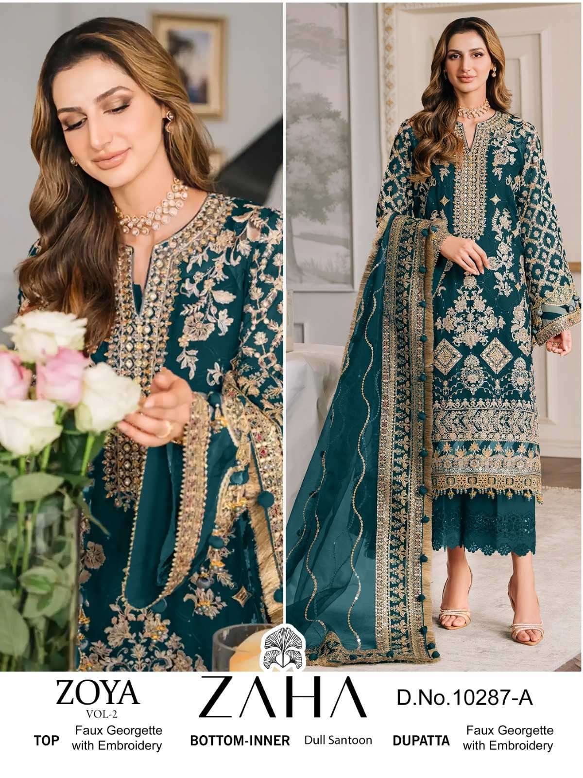 ZOYA VOL-2 SERIES 10287 BY ZAHA DESIGNER EMBROIDERY WORK GEORGETTE PAKISTANI STYLE SUITS ARE AVAILABLE AT WHOLESALE PRICE