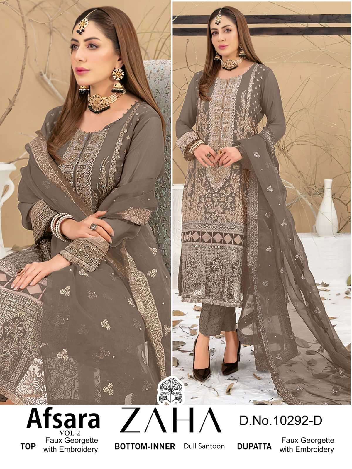AFSARA VOL-2 SERIES 10292 BY ZAHA DESIGNER WITH WORK GEORGETTE PAKISTANI STYLE SUITS ARE AVAILABLE AT WHOLESALE PRICE