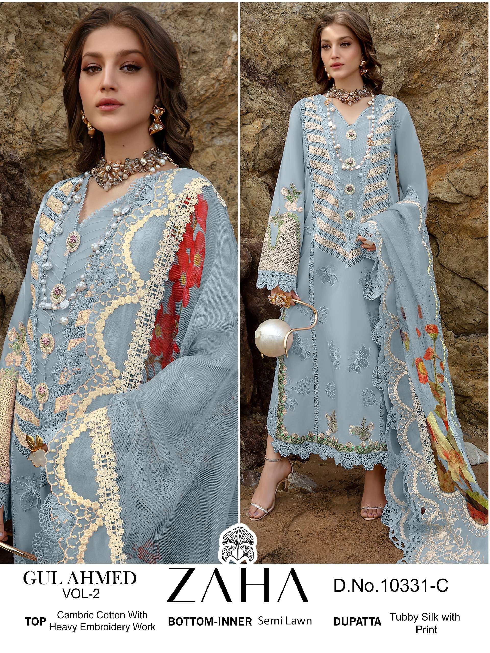 GUL AHMED VOL-2 SERIES 10331 BY ZAHA DESIGNER WITH WORK CAMBRIC COTTON PAKISTANI STYLE SUITS ARE AVAILABLE AT WHOLESALE PRICE