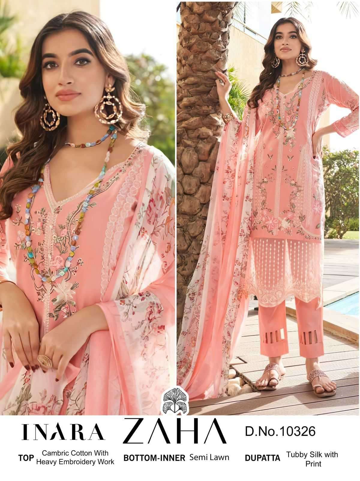 INARA VOL-1 SERIES 10326 TO 10330 BY ZAHA DESIGNER WITH WORK CAMBRIC COTTON PAKISTANI STYLE SUITS ARE AVAILABLE AT WHOLESALE PRICE