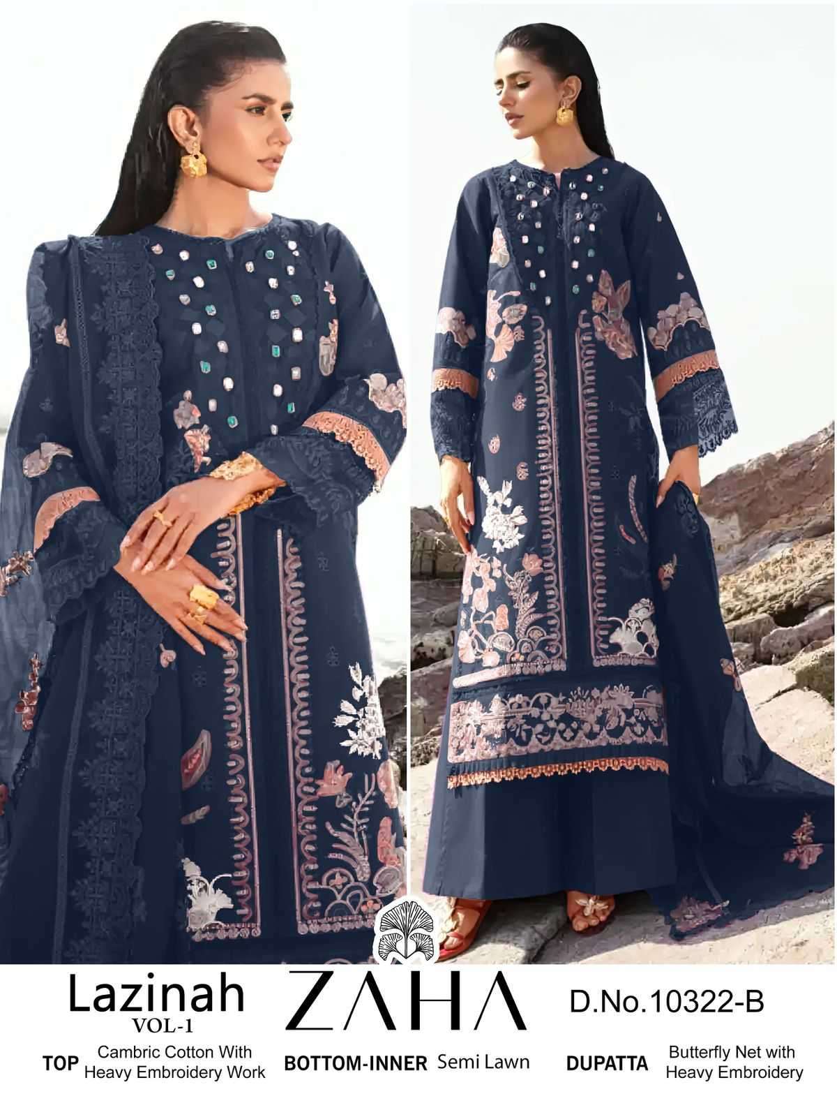 LAZINAH VOL-1 SERIES 10322 BY ZAHA DESIGNER WITH WORK CAMBRIC COTTON PAKISTANI STYLE SUITS ARE AVAILABLE AT WHOLESALE PRICE