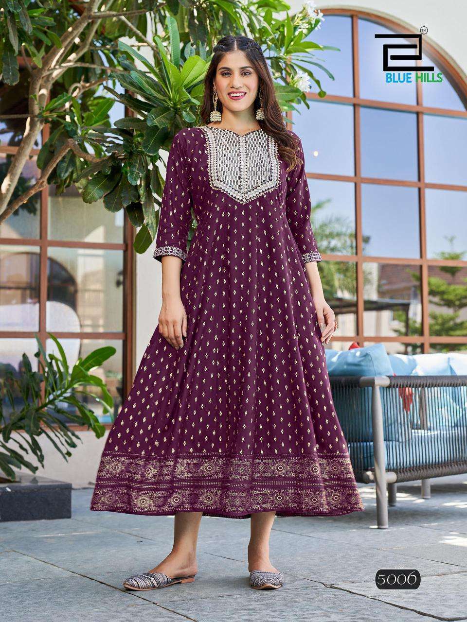 WALKWAY VOL-50 SERIES 5001 TO 5008 KURTI BY BLUE HILLS DESIGNER FOIL PRINTED RAYON GOWN STYLE KURTIS ARE AVAILABLE AT WHOLESALE PRICE