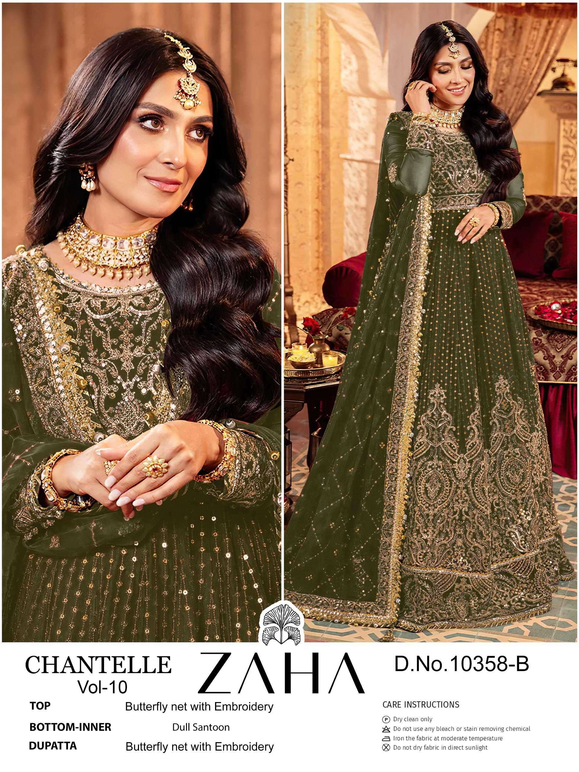 CHANTELLE VOL-10 SERIES 10358 BY ZAHA DESIGNER WITH WORK NET PAKISTANI STYLE SUITS ARE AVAILABLE AT WHOLESALE PRICE