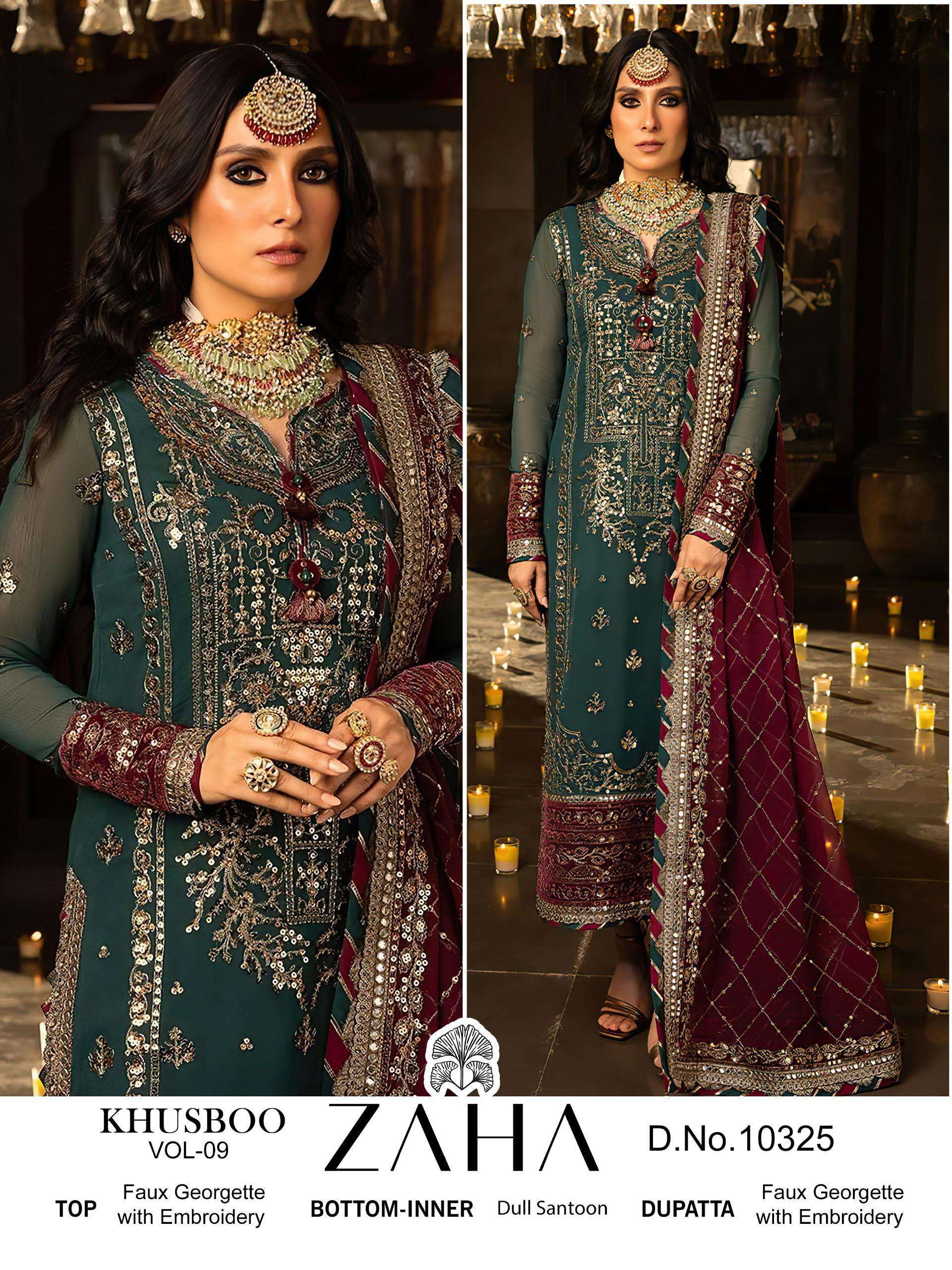 KHUSHBOO VOL-9 SERIES 10323 TO 10325 BY ZAHA DESIGNER WITH WORK GEORGETTE PAKISTANI STYLE SUITS ARE AVAILABLE AT WHOLESALE PRICE