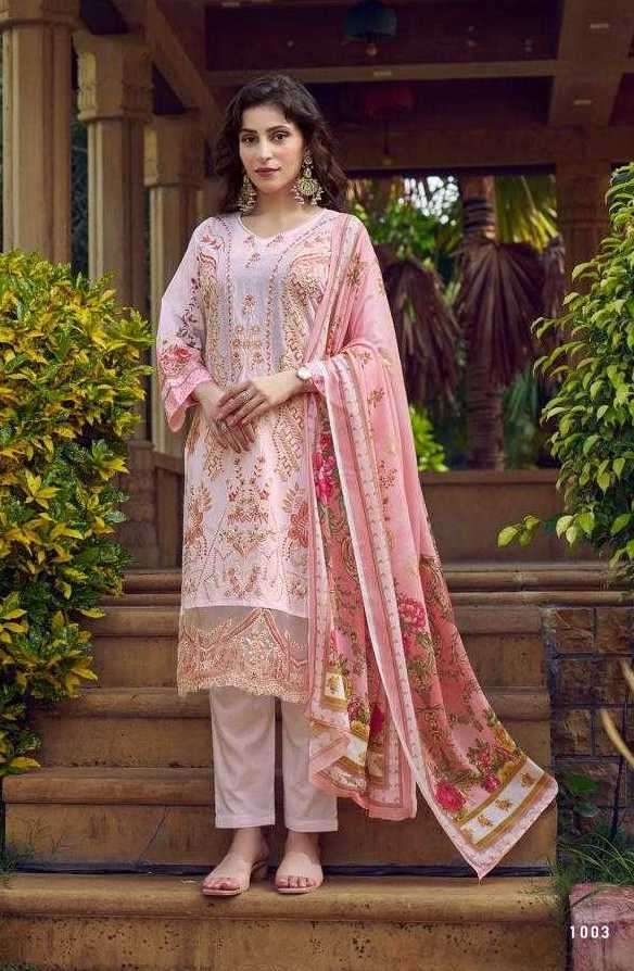 RANG RASIYA SERIES 1001 TO 1004 BY MAJESTY DESIGNER PRINTED AND WORK CAMBRIC COTTON SUITS ARE AVAILABLE AT WHOLESALE PRICE