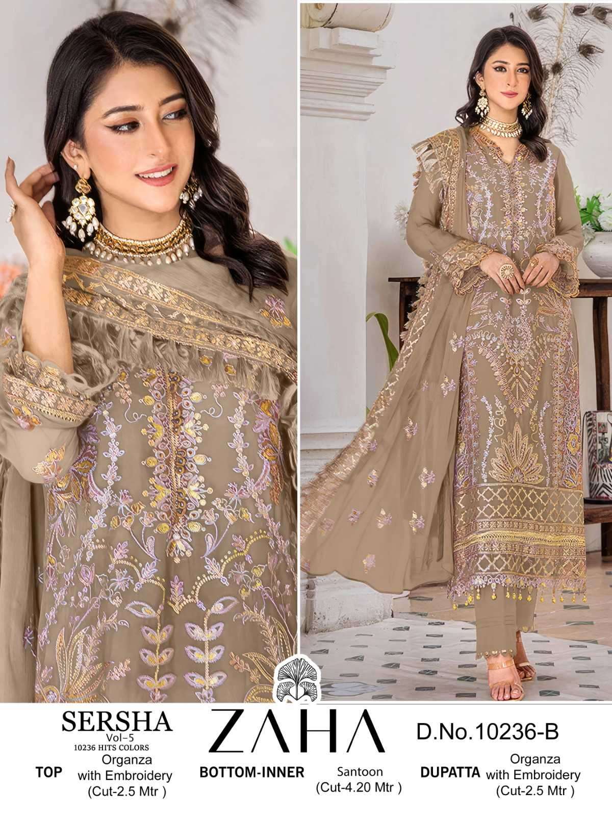 SERSHA VOL-5 SERIES 10236A TO 10236D BY ZAHA DESIGNER WITH WORK PAKISTANI STYLE ORGANZA SUITS ARE AVAILABLE AT WHOLESALE PRICE