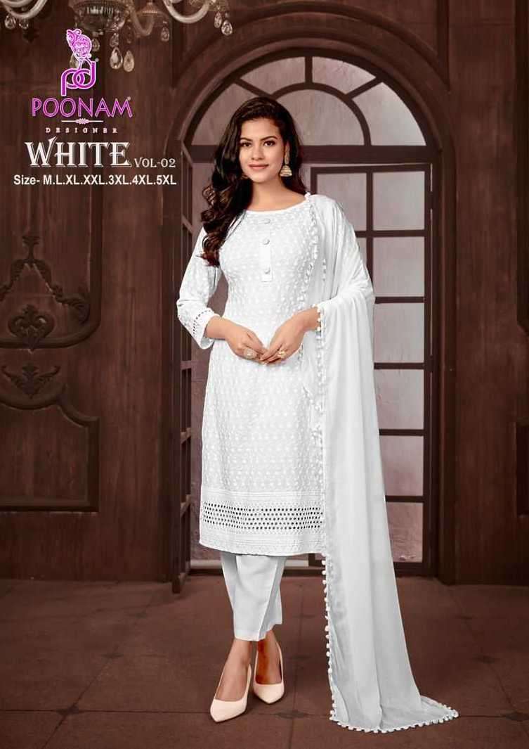 WHITE VOL-2 SERIES 1001 TO 1008 BY POONAM DESIGNER RAYON KURTI WITH BOTTOM AND DUPATTA ARE AVAILABLE AT WHOLESALE PRICE