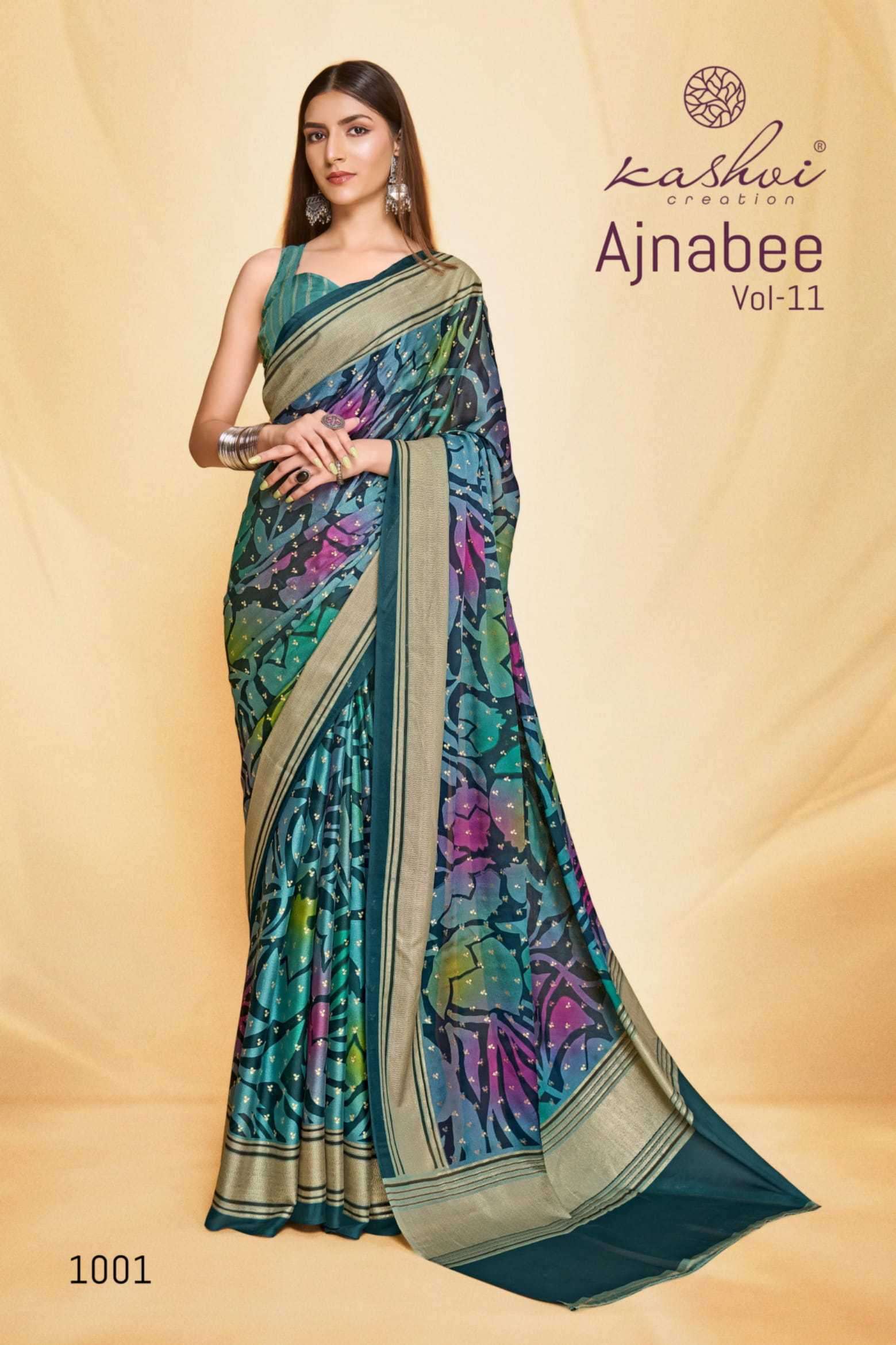 AJNABEE VOL-11 SERIES 1001 TO 1008 SAREE BY KASHVI DESIGNER PRINTED DULL MOSS SAREES ARE AVAILABLE AT WHOLESALE PRICE