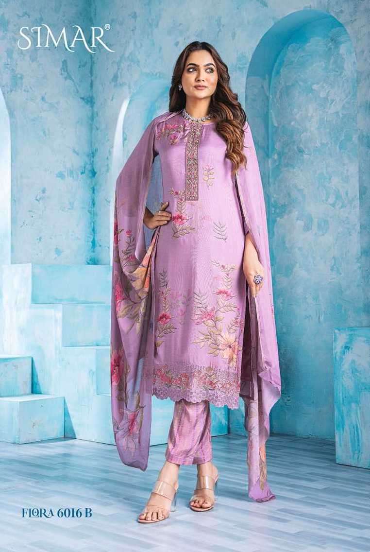 FLORA SERIES 6016 BY SIMAR GLOSSY DESIGNER DIGITAL PRINTED AND WORK VISCOSE MUSLIN SUITS ARE AVAILABLE AT WHOLESALE PRICE